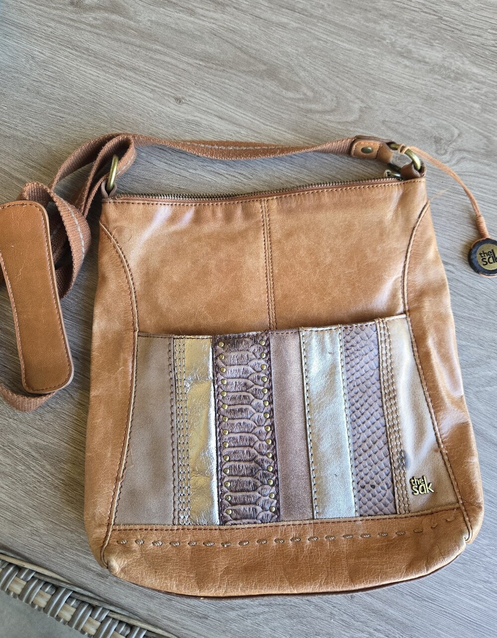The Sak Tan Multi-Panel Leather Crossbody with Metallic Accents